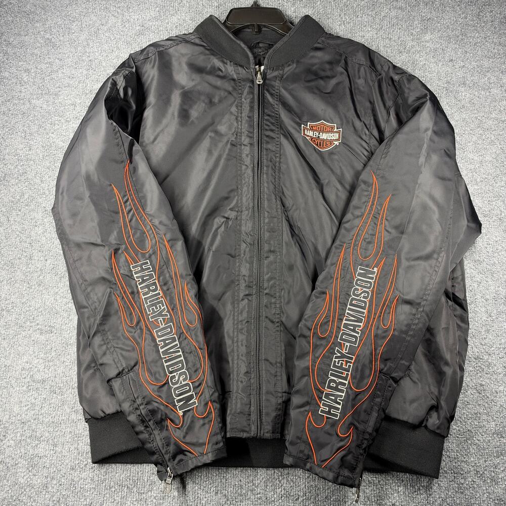 Harley Davidson Nylon Bomber Riding Jacket Flame Sleeves Y2K Embroidered Mens XL